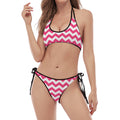 Pink And White Chevron Pattern Print Halter Scoop Tie Side Bikini
