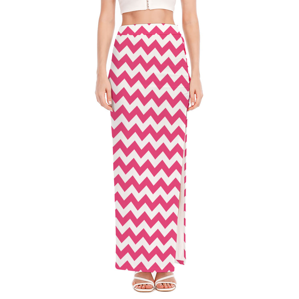 Pink And White Chevron Pattern Print High Slit Maxi Skirt