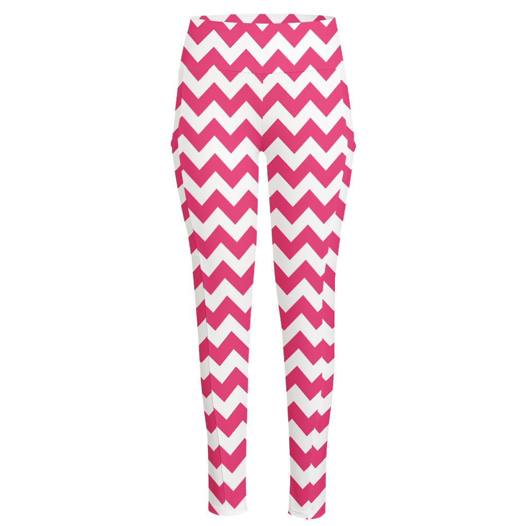 Pink And White Chevron Pattern Print High-Waisted Pocket Leggings