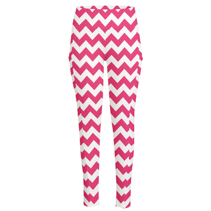 Pink And White Chevron Pattern Print High-Waisted Pocket Leggings