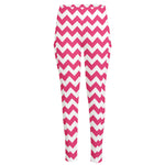 Pink And White Chevron Pattern Print High-Waisted Pocket Leggings