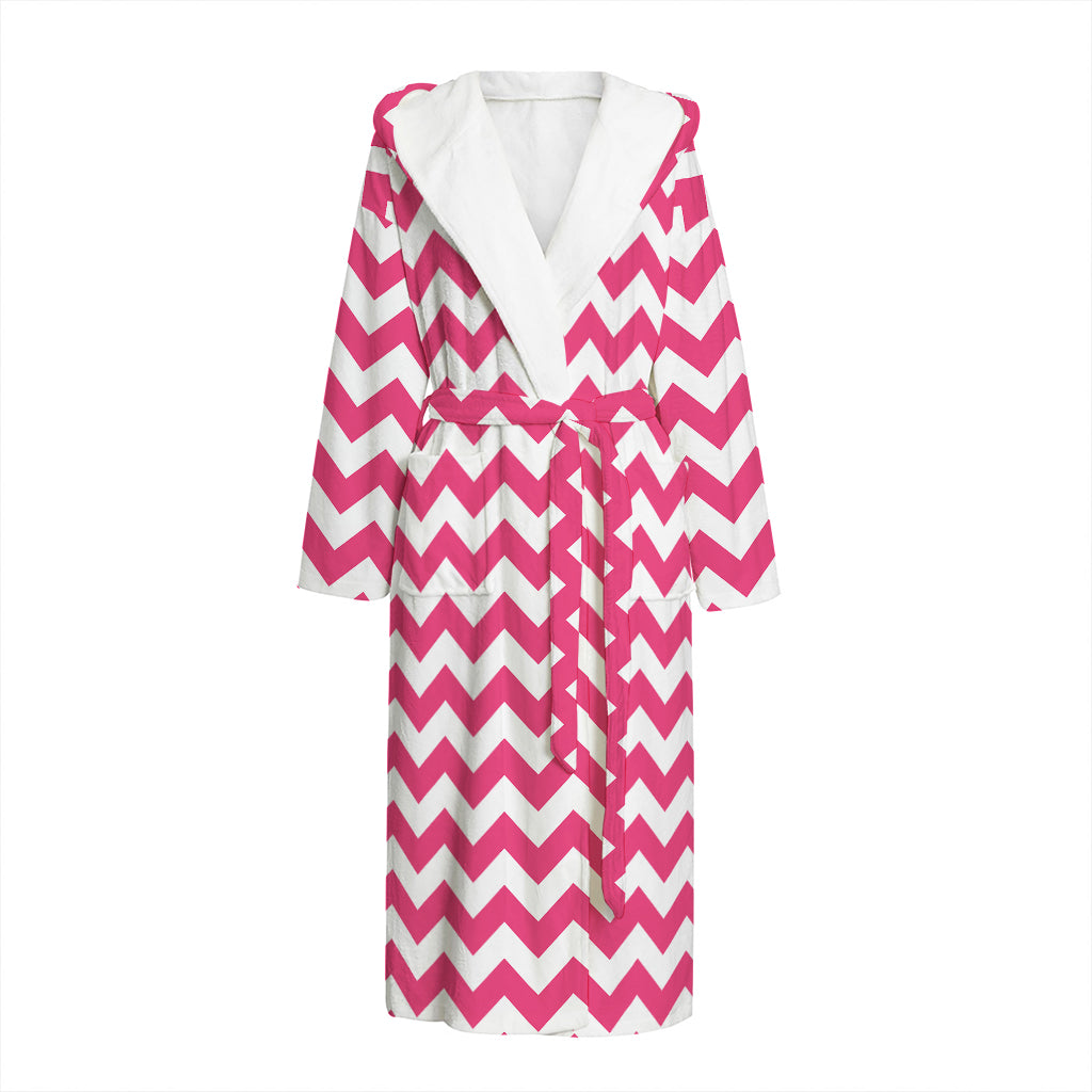 Pink And White Chevron Pattern Print Hooded Bathrobe