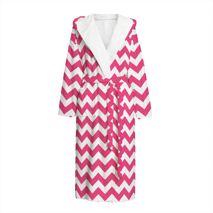 Pink And White Chevron Pattern Print Hooded Bathrobe