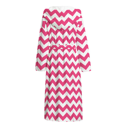 Pink And White Chevron Pattern Print Hooded Bathrobe