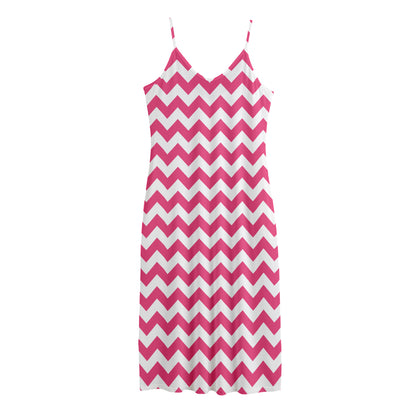 Pink And White Chevron Pattern Print Jersey Midi Cami Dress