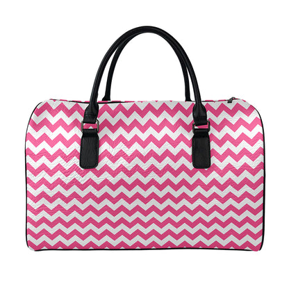 Pink And White Chevron Pattern Print Leather Duffle Bag