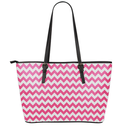 Pink And White Chevron Pattern Print Leather Tote Bag