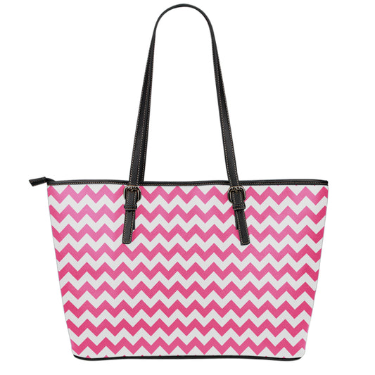 Pink And White Chevron Pattern Print Leather Tote Bag