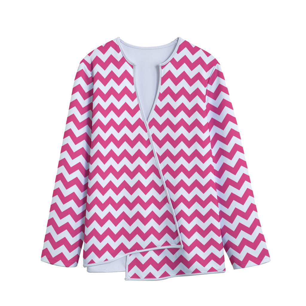 Pink And White Chevron Pattern Print Long Sleeve Short Coat