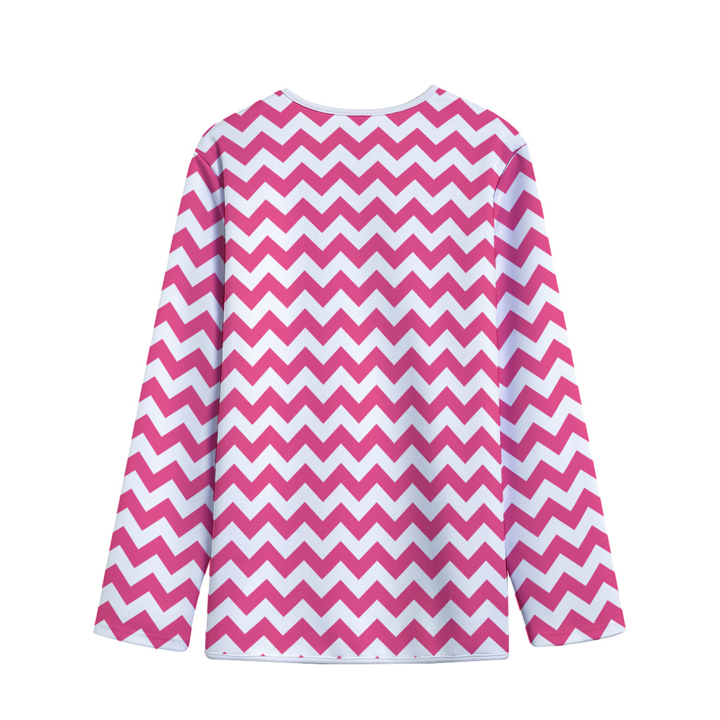 Pink And White Chevron Pattern Print Long Sleeve Short Coat