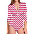 Pink And White Chevron Pattern Print Long Sleeve Swimsuit