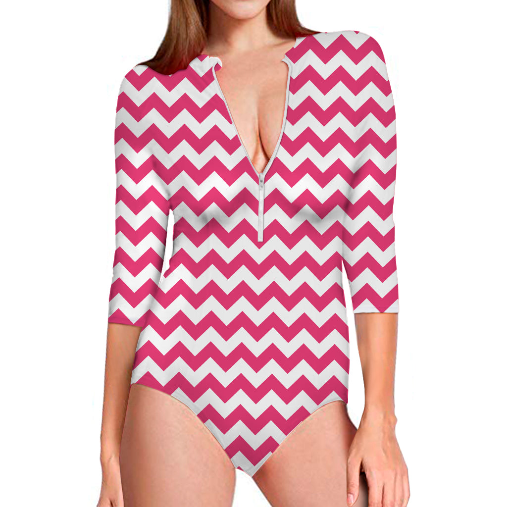 Pink And White Chevron Pattern Print Long Sleeve Swimsuit