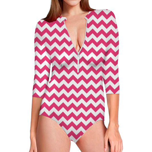 Pink And White Chevron Pattern Print Long Sleeve Swimsuit