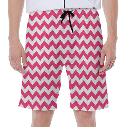 Pink And White Chevron Pattern Print Men's Beach Shorts