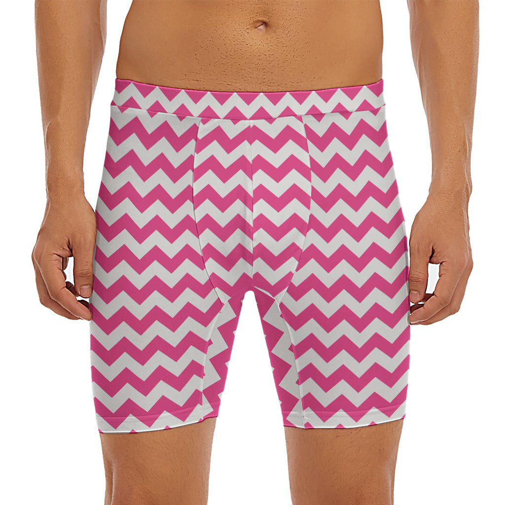 Pink And White Chevron Pattern Print Men's Long Boxer Briefs
