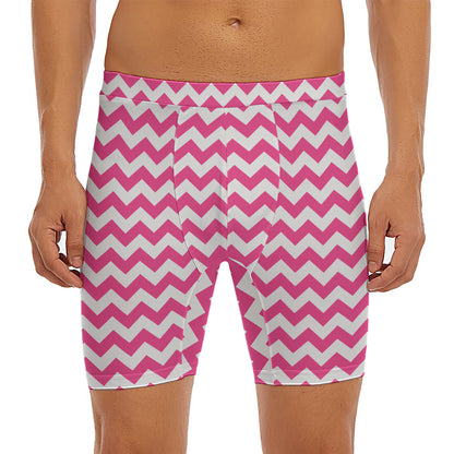 Pink And White Chevron Pattern Print Men's Long Boxer Briefs
