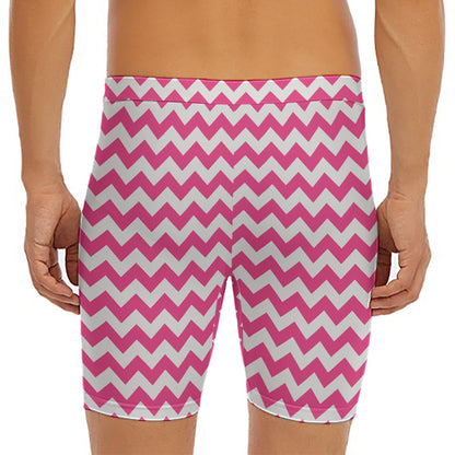 Pink And White Chevron Pattern Print Men's Long Boxer Briefs