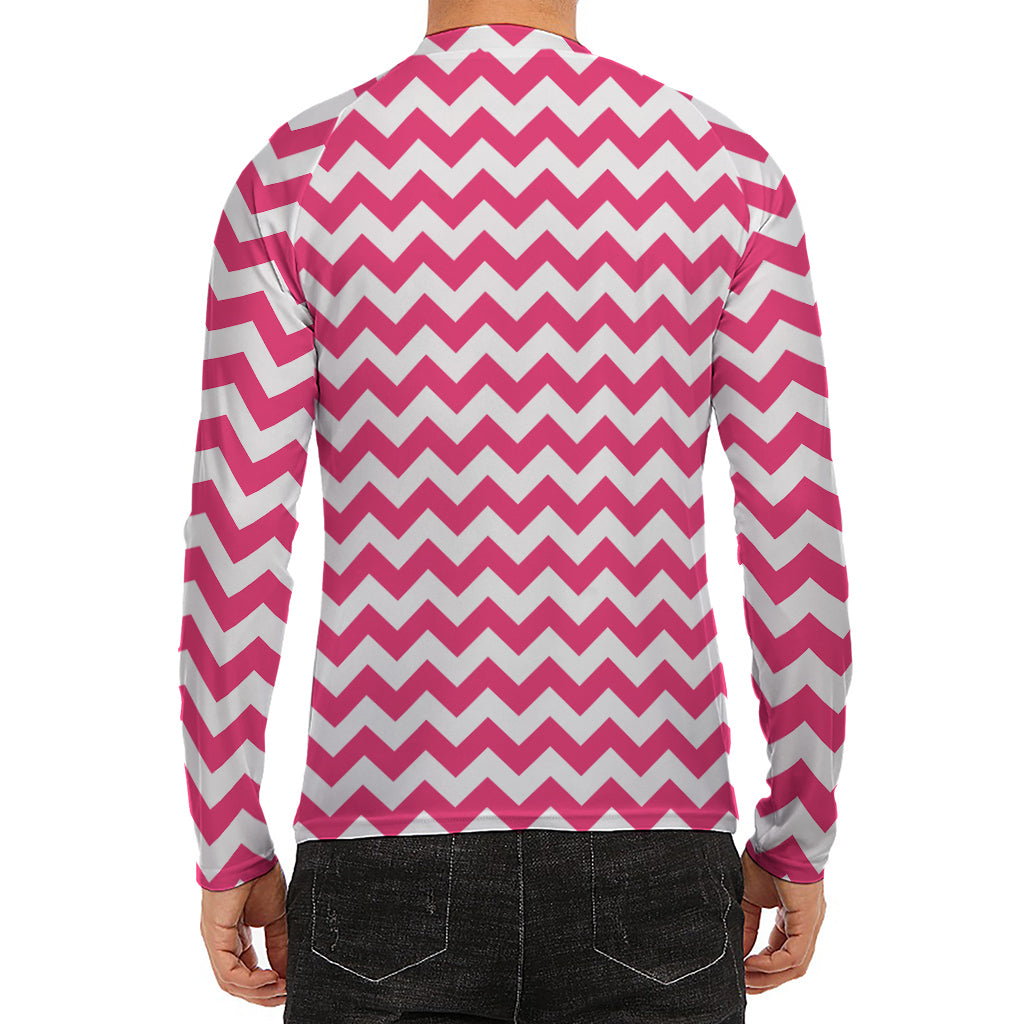 Pink And White Chevron Pattern Print Men's Long Sleeve Rash Guard