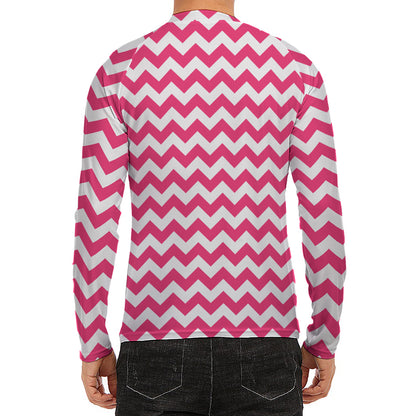 Pink And White Chevron Pattern Print Men's Long Sleeve Rash Guard