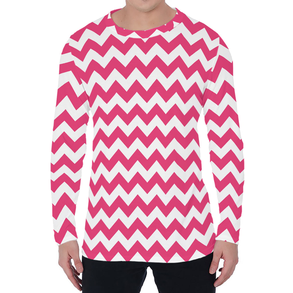 Pink And White Chevron Pattern Print Men's Long Sleeve T-Shirt