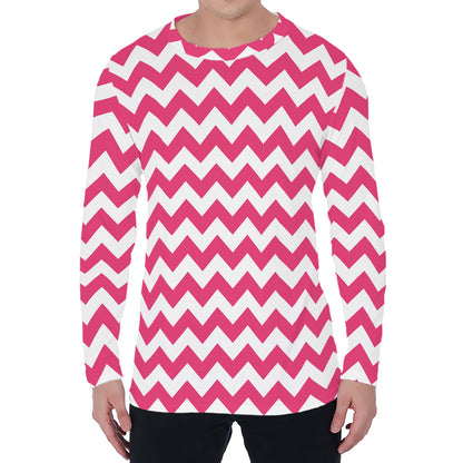 Pink And White Chevron Pattern Print Men's Long Sleeve T-Shirt