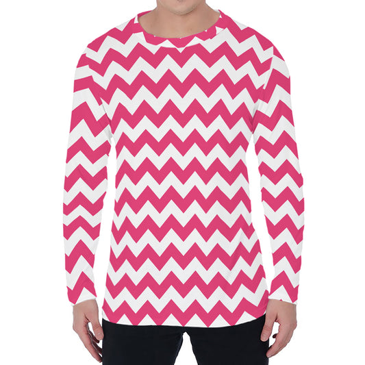 Pink And White Chevron Pattern Print Men's Long Sleeve T-Shirt