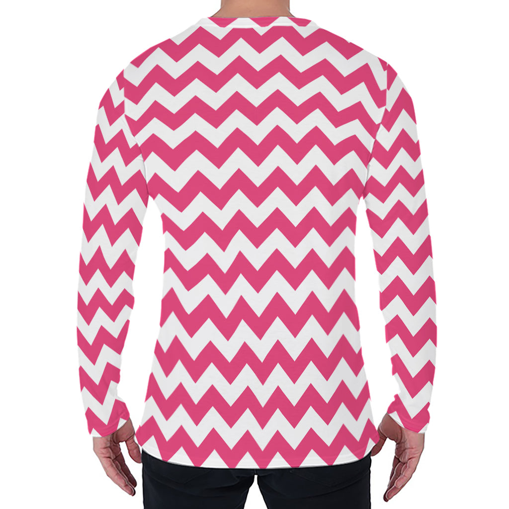 Pink And White Chevron Pattern Print Men's Long Sleeve T-Shirt
