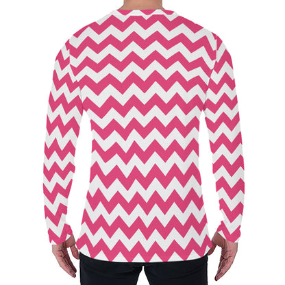 Pink And White Chevron Pattern Print Men's Long Sleeve T-Shirt
