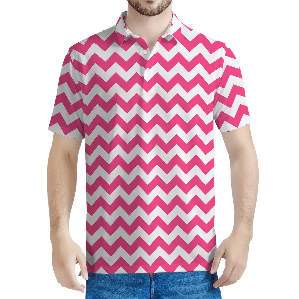Pink And White Chevron Pattern Print Men's Polo Shirt