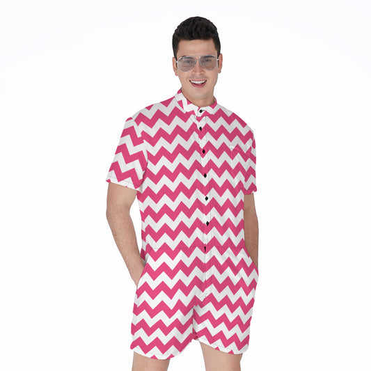 Pink And White Chevron Pattern Print Men's Rompers