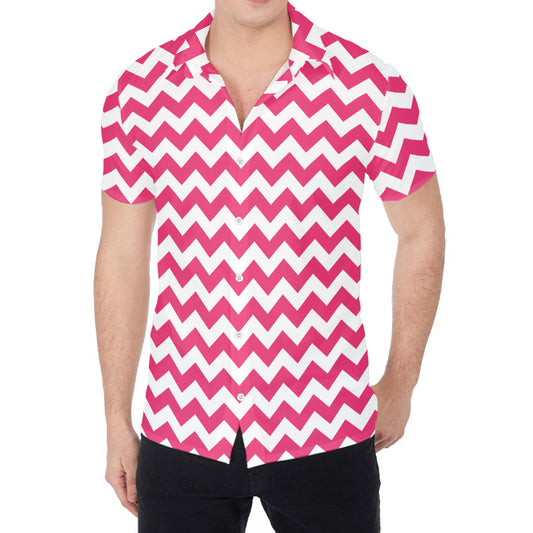 Pink And White Chevron Pattern Print Men's Shirt
