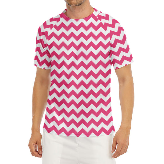 Pink And White Chevron Pattern Print Men's Short Sleeve Rash Guard
