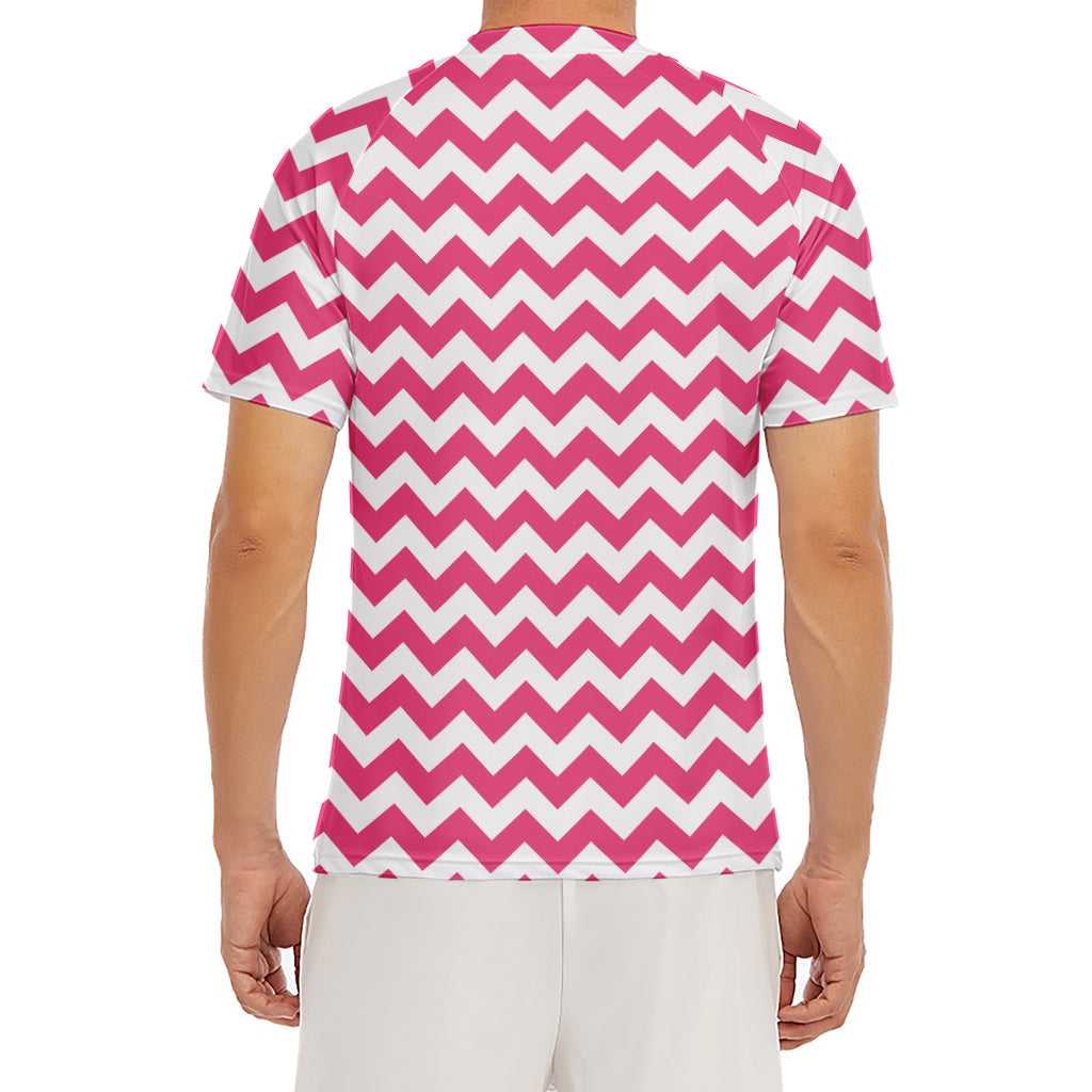 Pink And White Chevron Pattern Print Men's Short Sleeve Rash Guard