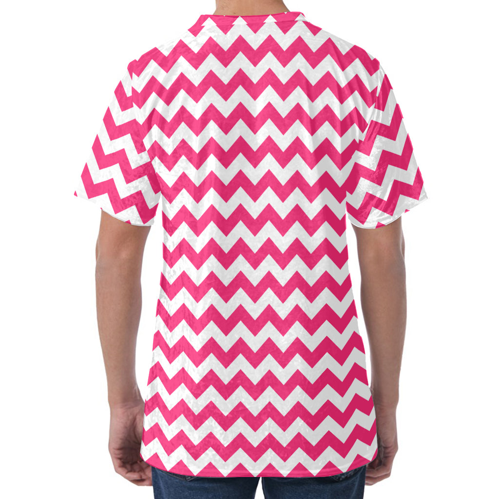 Pink And White Chevron Pattern Print Men's Velvet T-Shirt