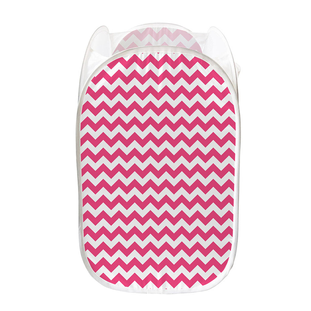 Pink And White Chevron Pattern Print Mesh Laundry Hamper
