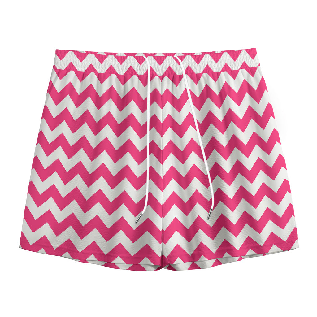 Pink And White Chevron Pattern Print Mesh Shorts