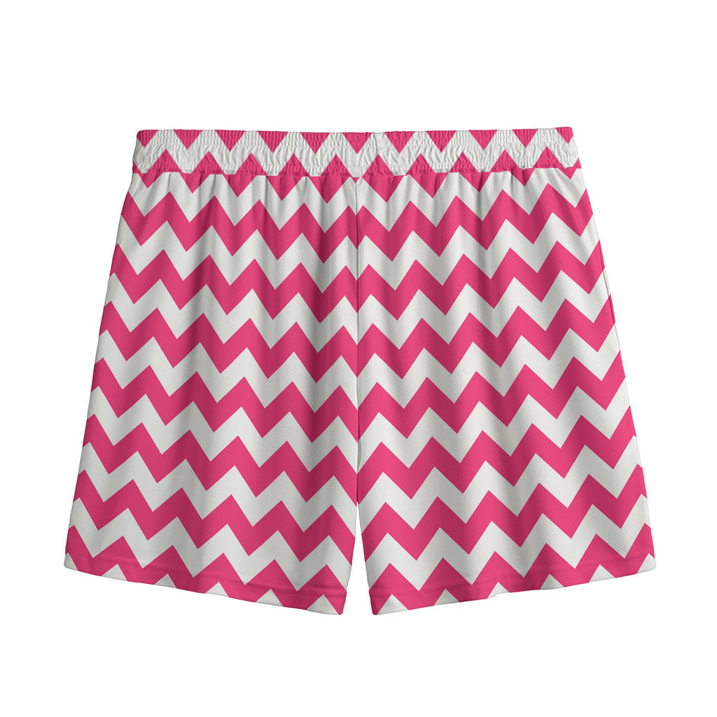 Pink And White Chevron Pattern Print Mesh Shorts