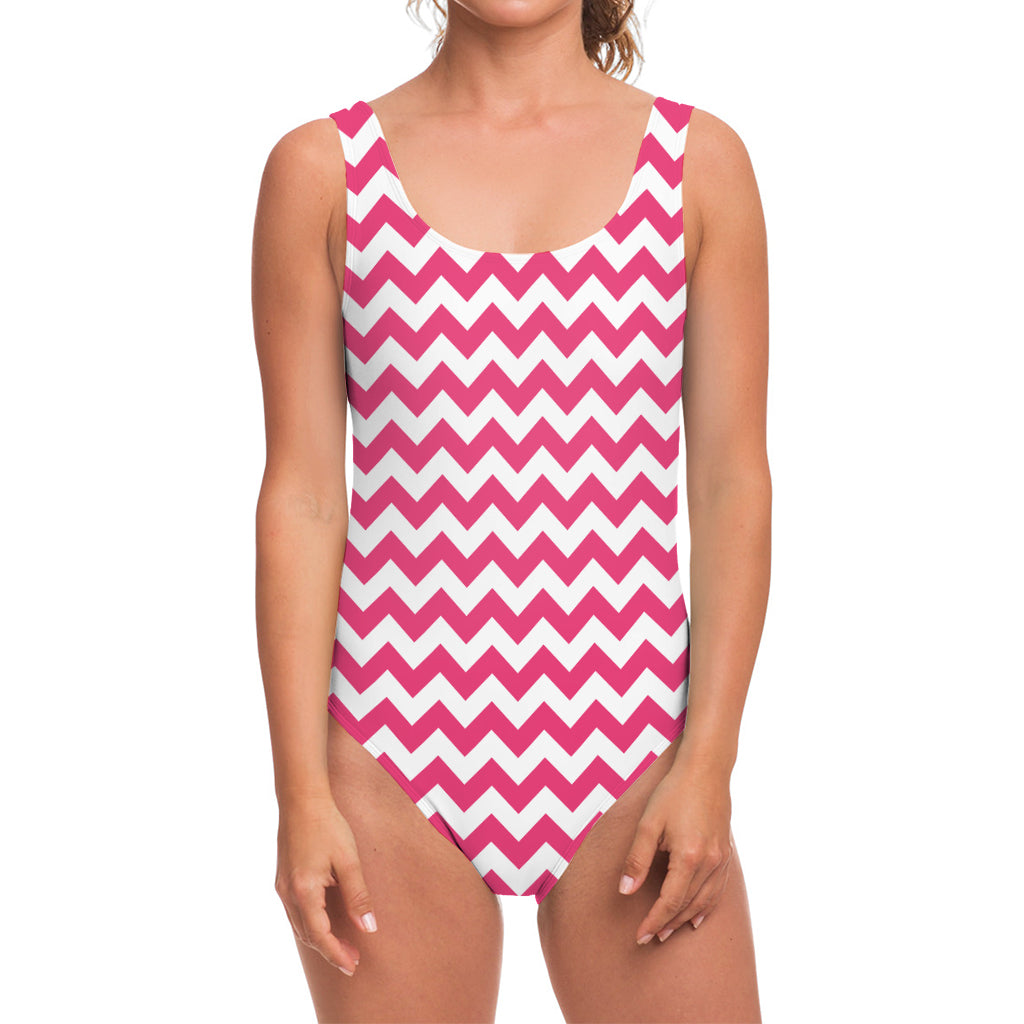 Pink And White Chevron Pattern Print One Piece Swimsuit