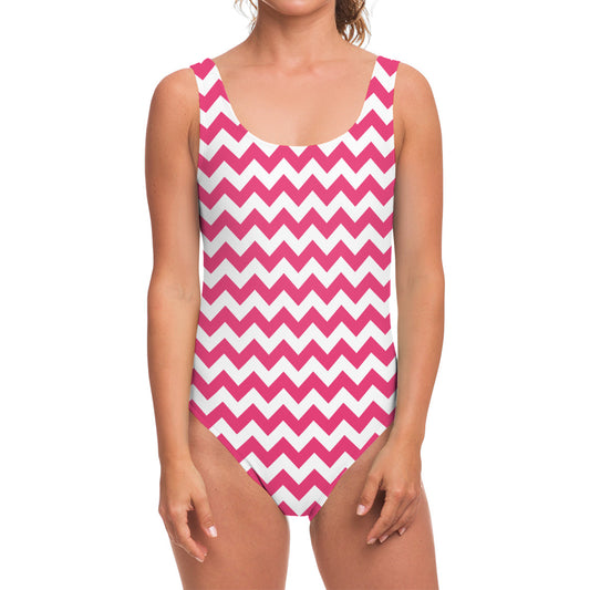 Pink And White Chevron Pattern Print One Piece Swimsuit