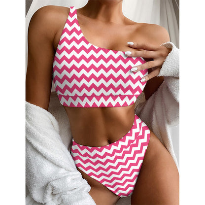 Pink And White Chevron Pattern Print One Shoulder Bikini Top