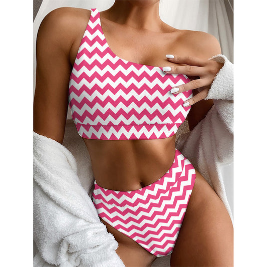 Pink And White Chevron Pattern Print One Shoulder Bikini Top