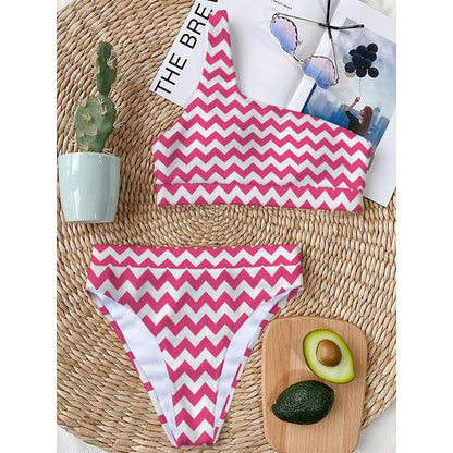Pink And White Chevron Pattern Print One Shoulder Bikini Top