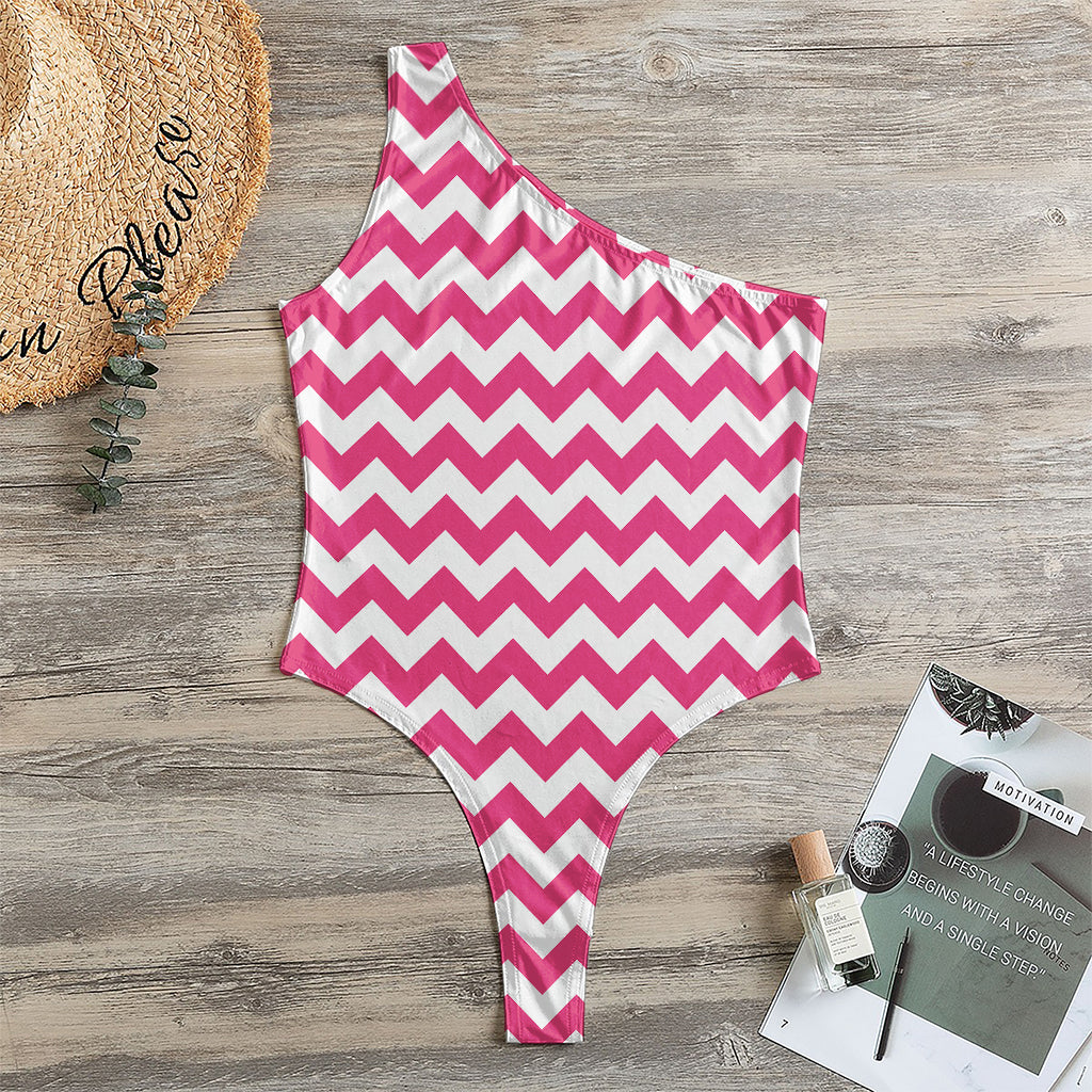 Pink And White Chevron Pattern Print One Shoulder Bodysuit