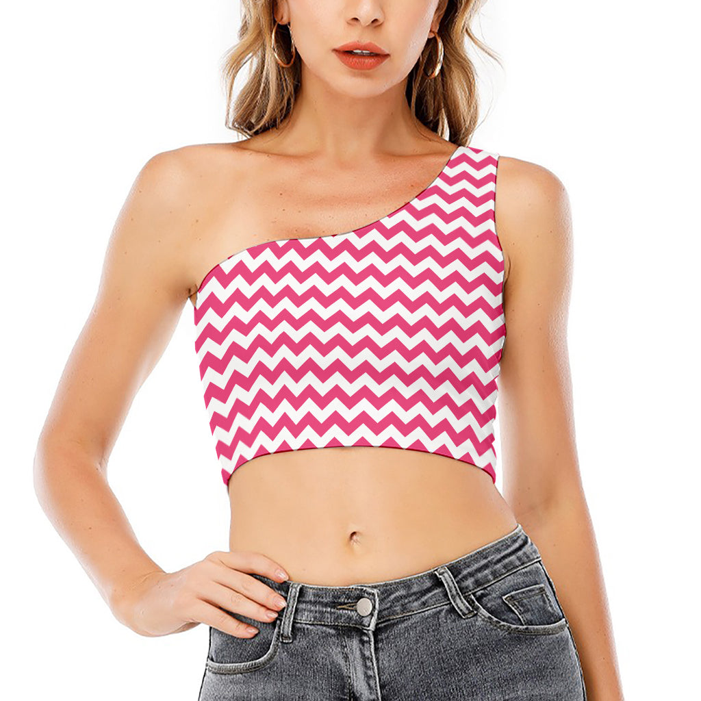Pink And White Chevron Pattern Print One Shoulder Crop Top