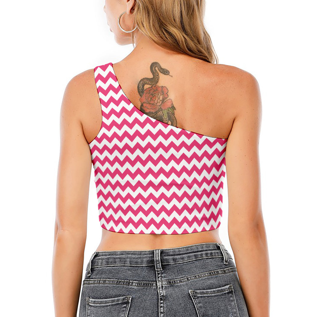 Pink And White Chevron Pattern Print One Shoulder Crop Top