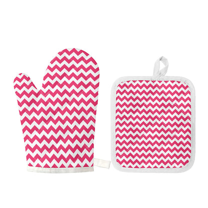 Pink And White Chevron Pattern Print Oven Mitt And Pot Holder Set