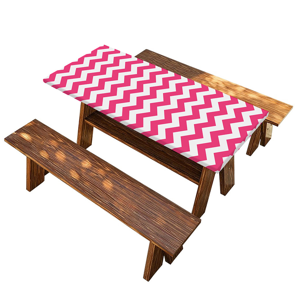 Pink And White Chevron Pattern Print Picnic Table Cover