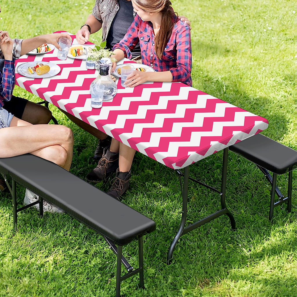 Pink And White Chevron Pattern Print Picnic Table Cover