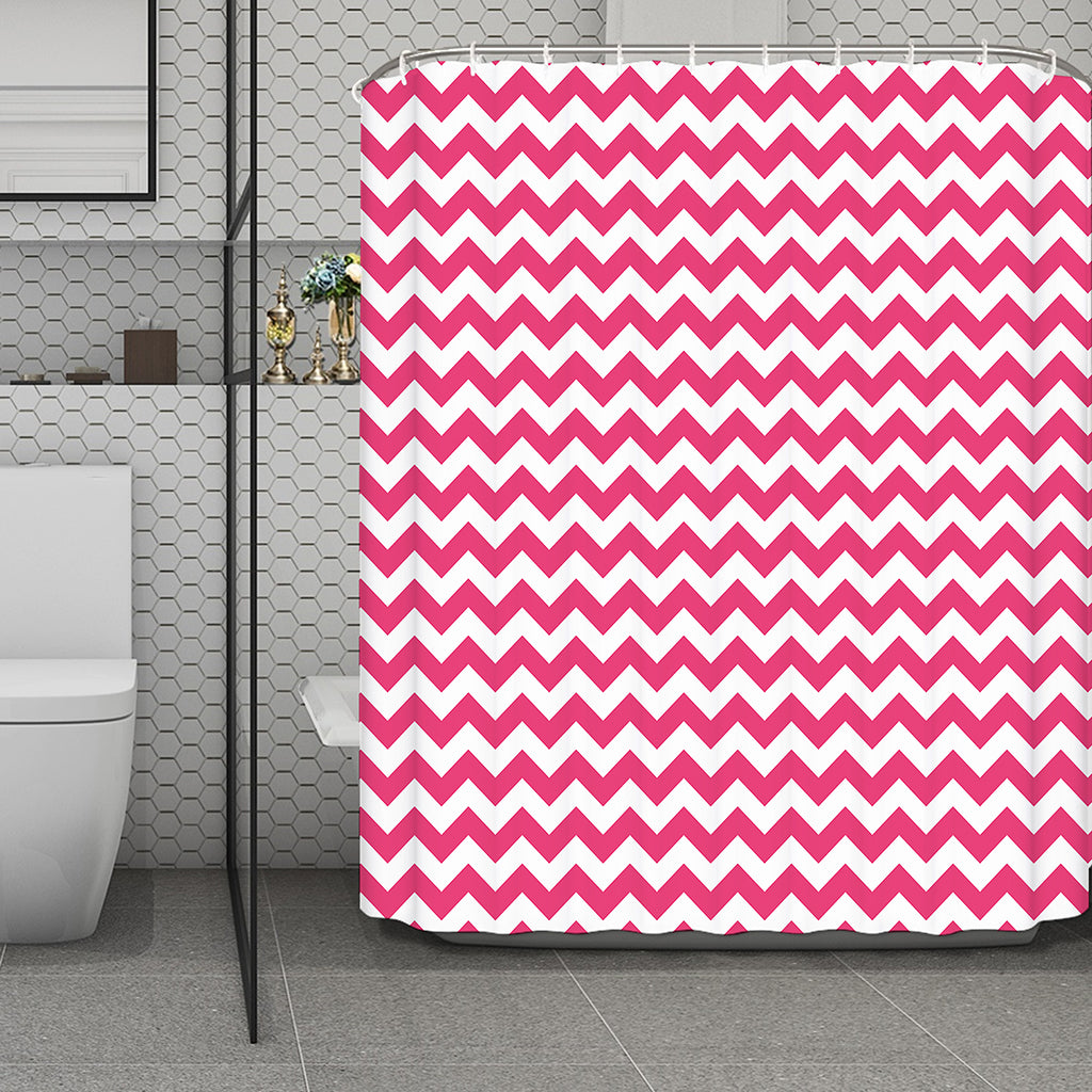 Pink And White Chevron Pattern Print Polyester Shower Curtain
