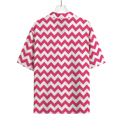 Pink And White Chevron Pattern Print Rayon Hawaiian Shirt
